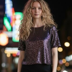 NWT RACHEL ZOE Chocolate Brown Sequin Sequins Top Blouse Shirt Medium